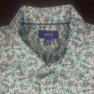 APT 9 Men Shirt Button Down Sz XXL Stretch Green Floral Hawaiian